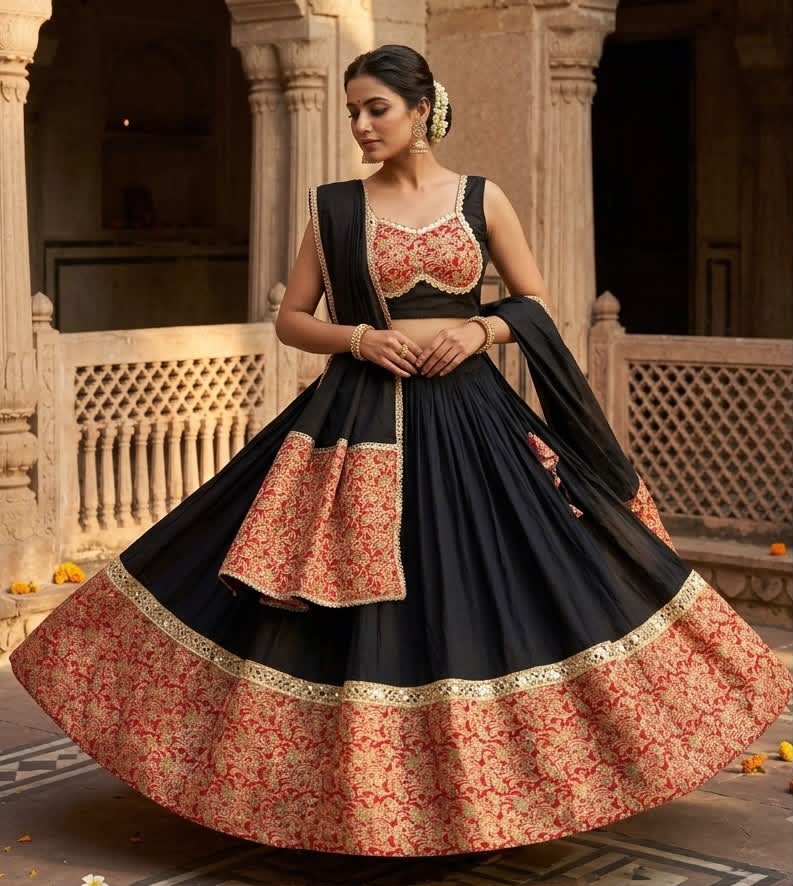 Pure Cotton Kalamkari Print Border Mirror Work Chaniya Choli - Image 3