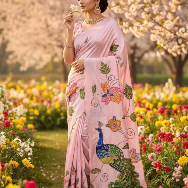 Pure Malai Silk Saree with peacock & floral digital prints