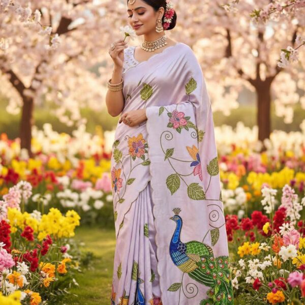 Pure Malai Silk Saree with peacock & floral digital prints