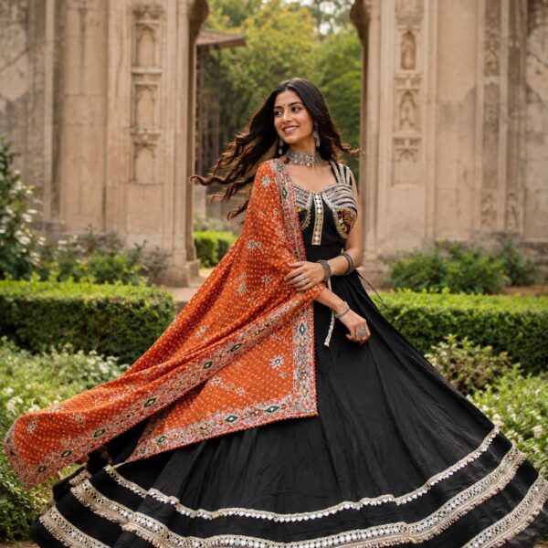 Spaghetti Style Blouse With Mirror Work Border Chaniya Choli