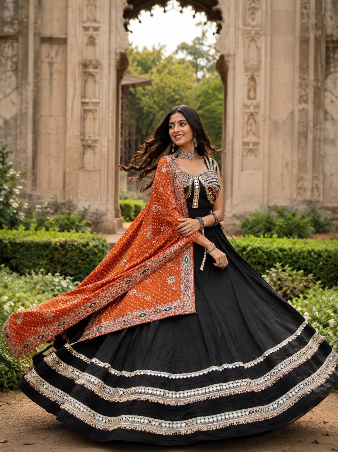 Spaghetti Style Blouse With Mirror Work Border Chaniya Choli - Image 2