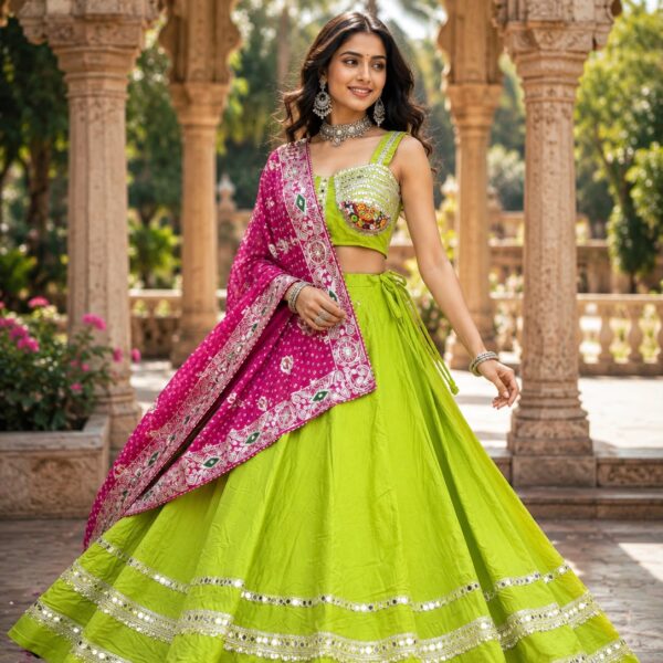 Spaghetti Style Blouse With Mirror Work Border Chaniya Choli