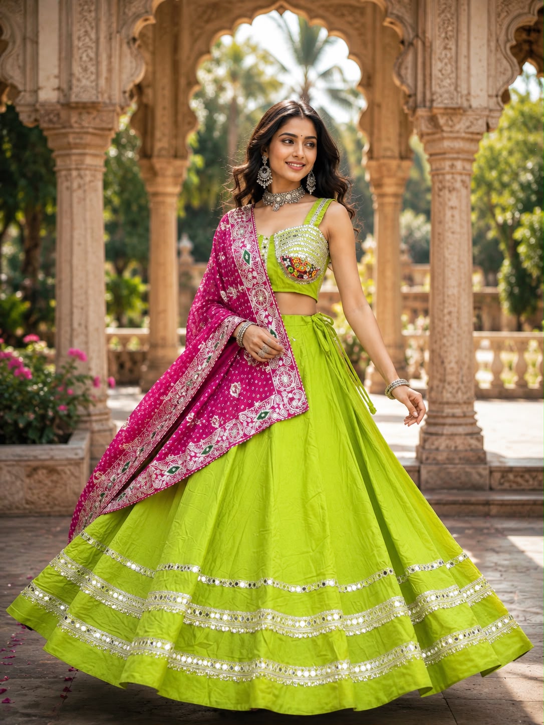 Spaghetti Style Blouse With Mirror Work Border Chaniya Choli