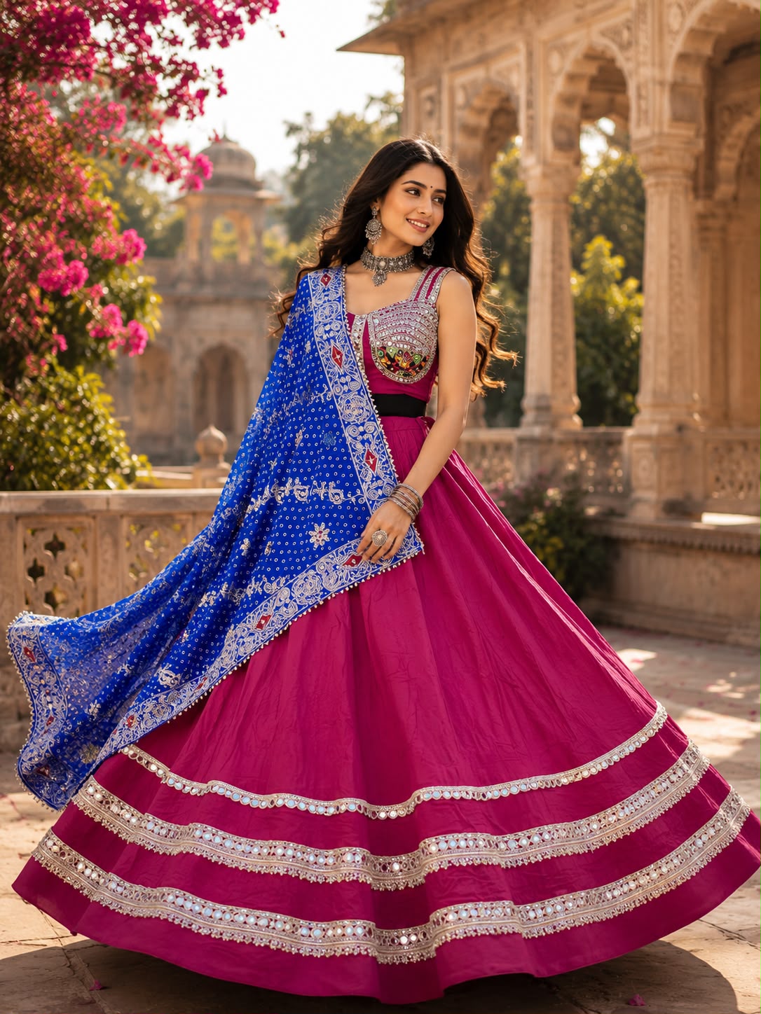 Spaghetti Style Blouse With Mirror Work Border Chaniya Choli - Image 4