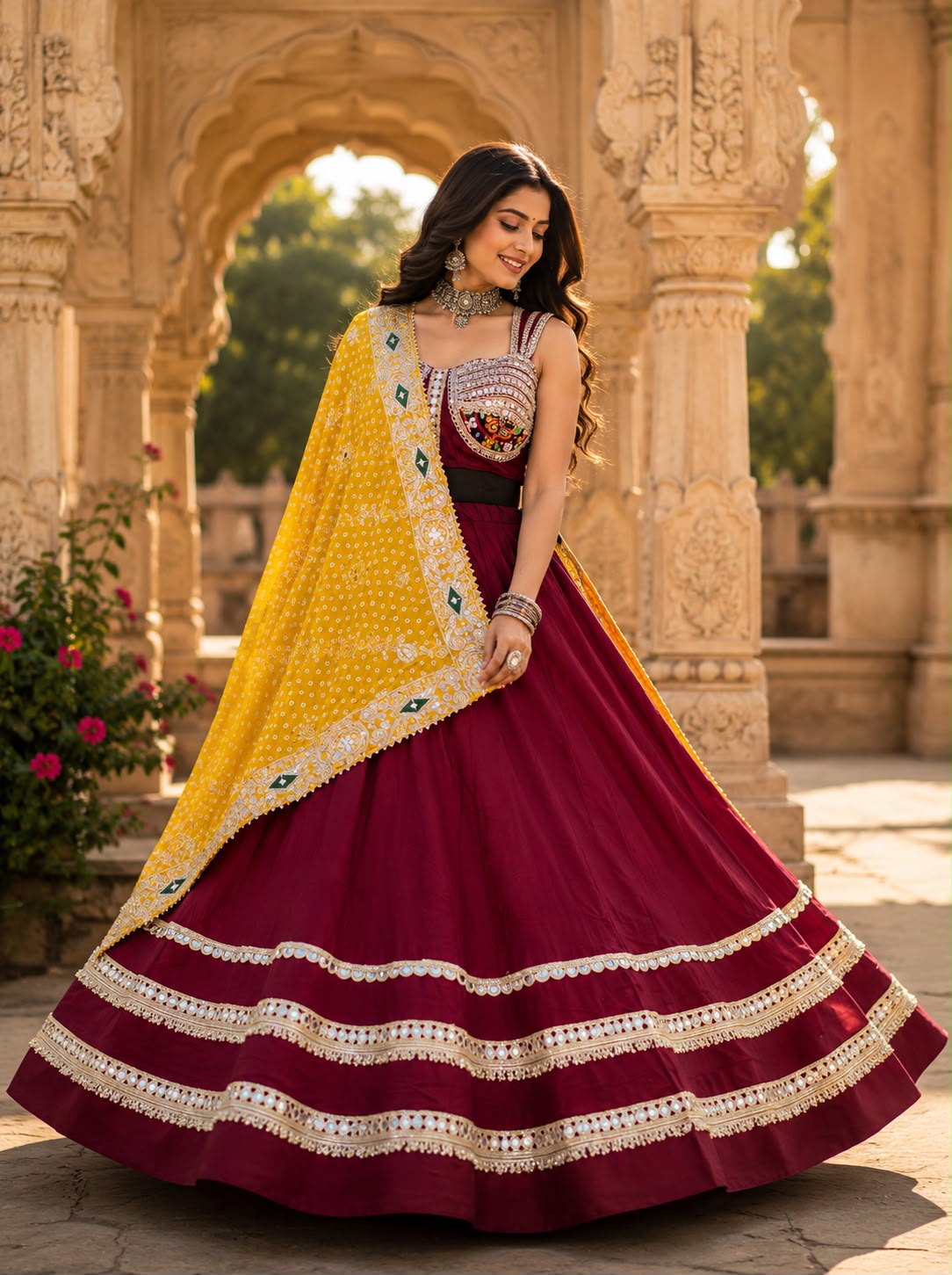 Spaghetti Style Blouse With Mirror Work Border Chaniya Choli - Image 5