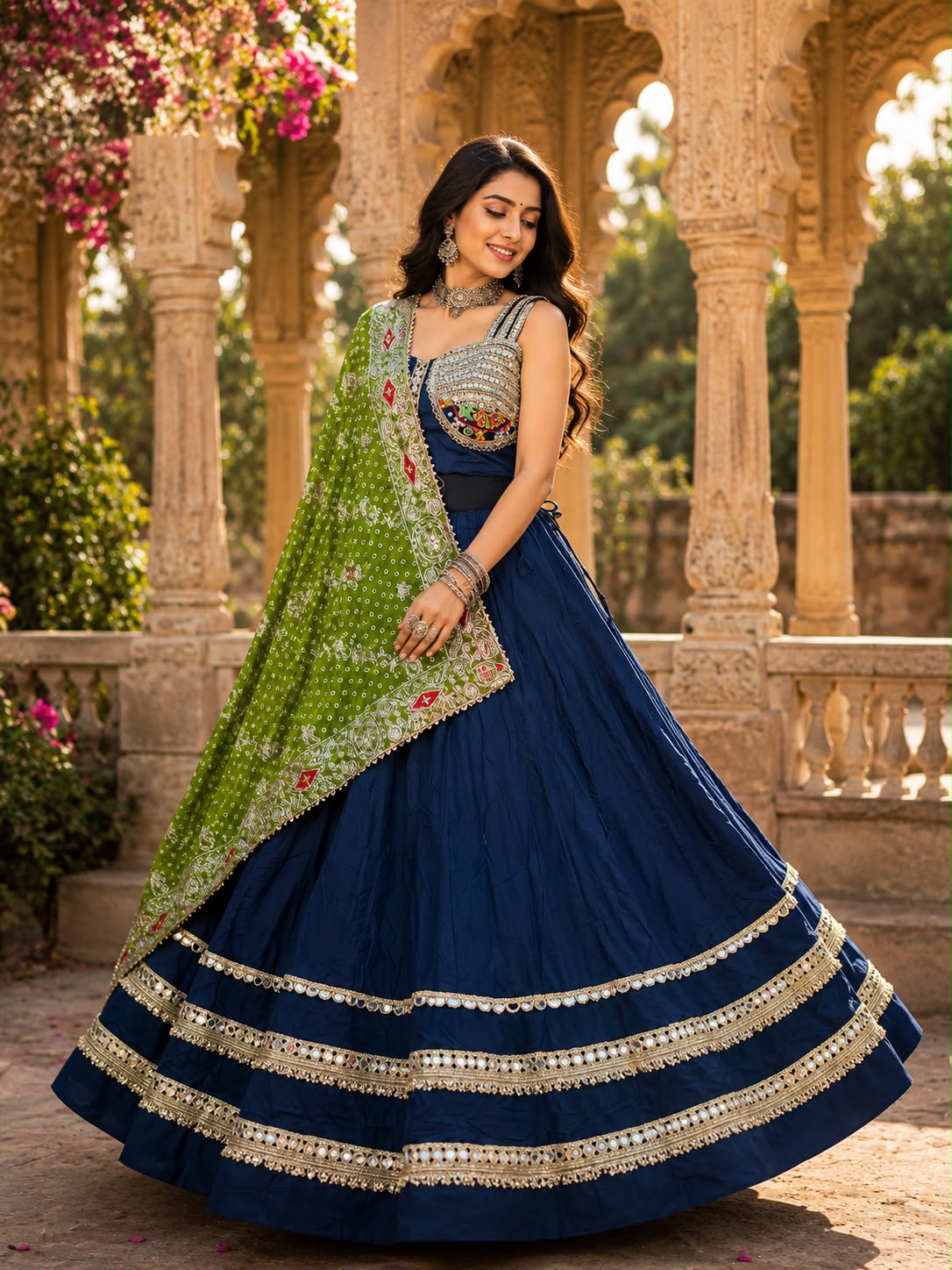 Spaghetti Style Blouse With Mirror Work Border Chaniya Choli - Image 3