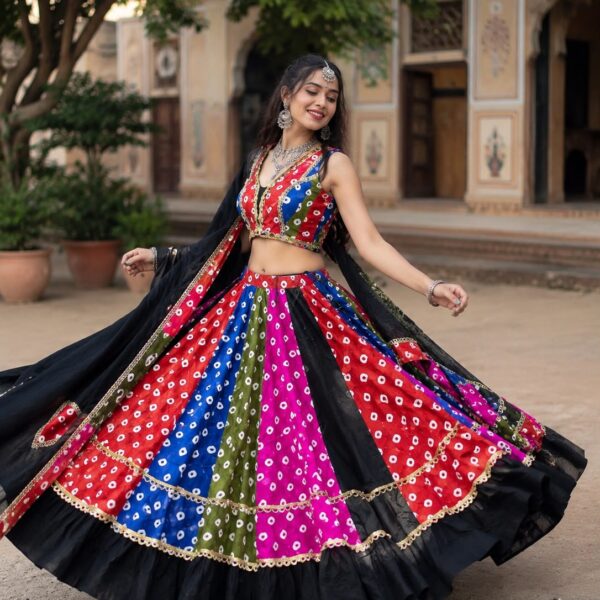 Cotton Multi Bandhni Polka Print With Mirror Lace Skirt