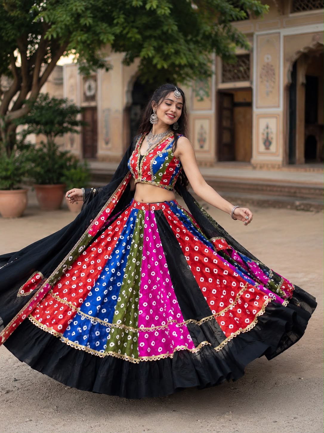 Cotton Multi Bandhni Polka Print With Mirror Lace Skirt