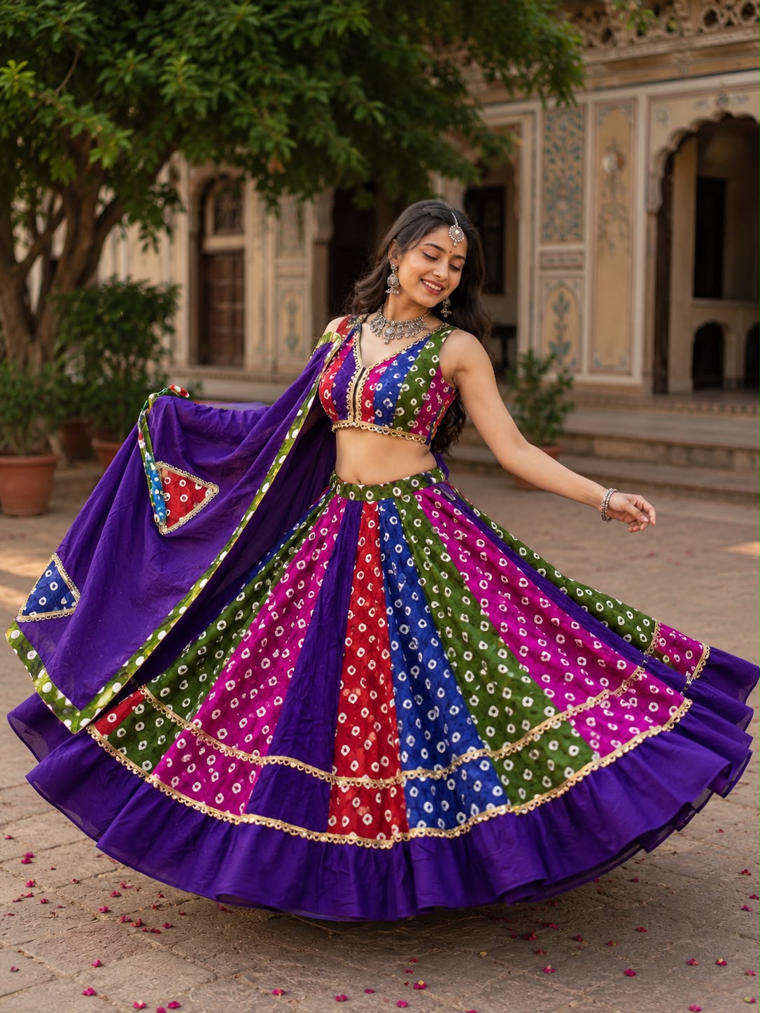 Cotton Multi Bandhni Polka Print With Mirror Lace Skirt - Image 3
