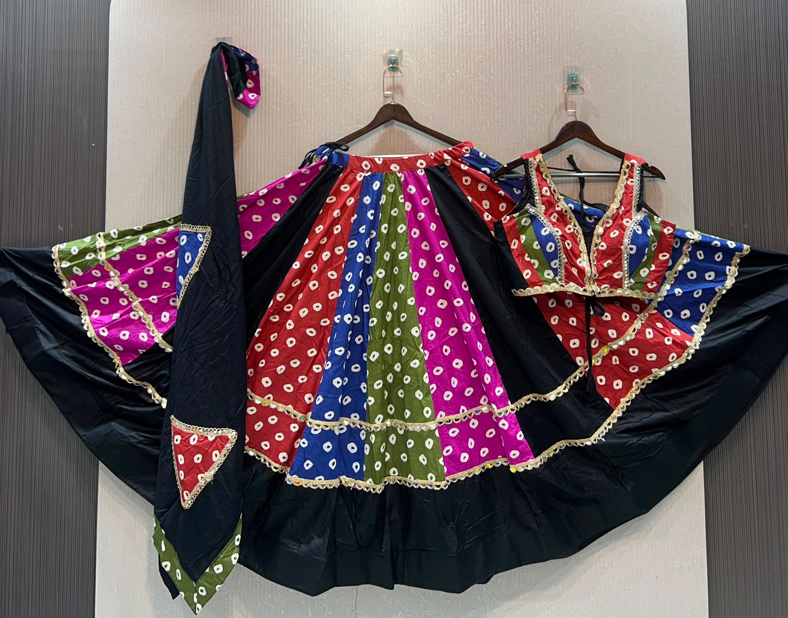 Cotton Multi Bandhni Polka Print With Mirror Lace Skirt - Image 4