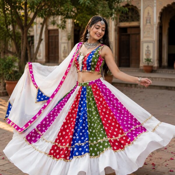 Cotton Multi Bandhni Polka Print With Mirror Lace Skirt