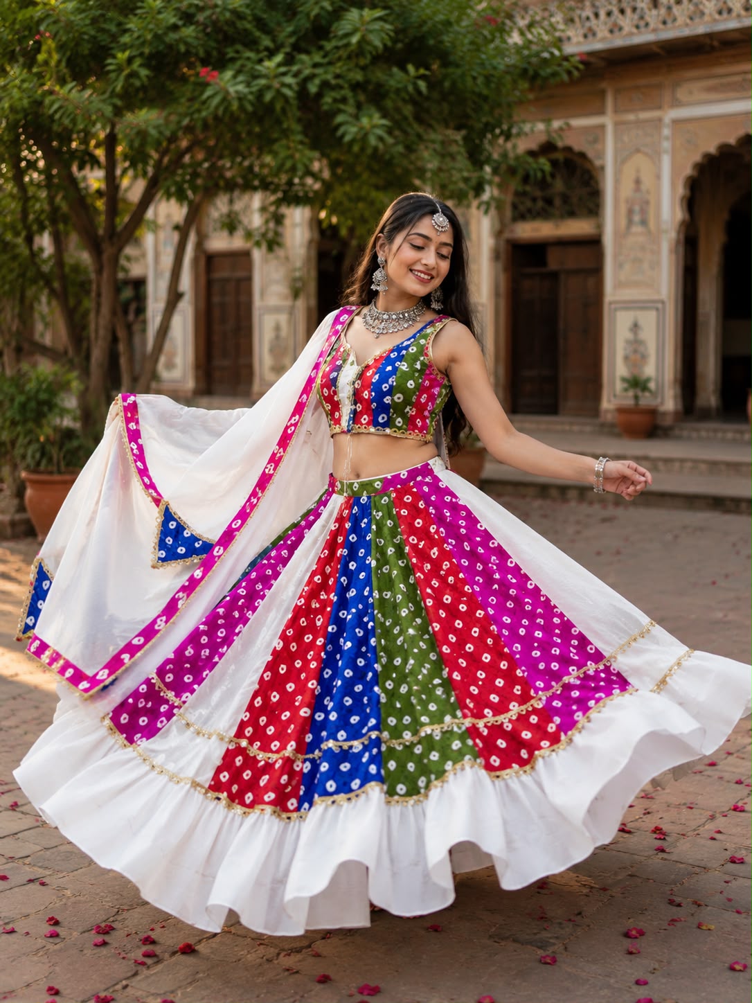 Cotton Multi Bandhni Polka Print With Mirror Lace Skirt - Image 2