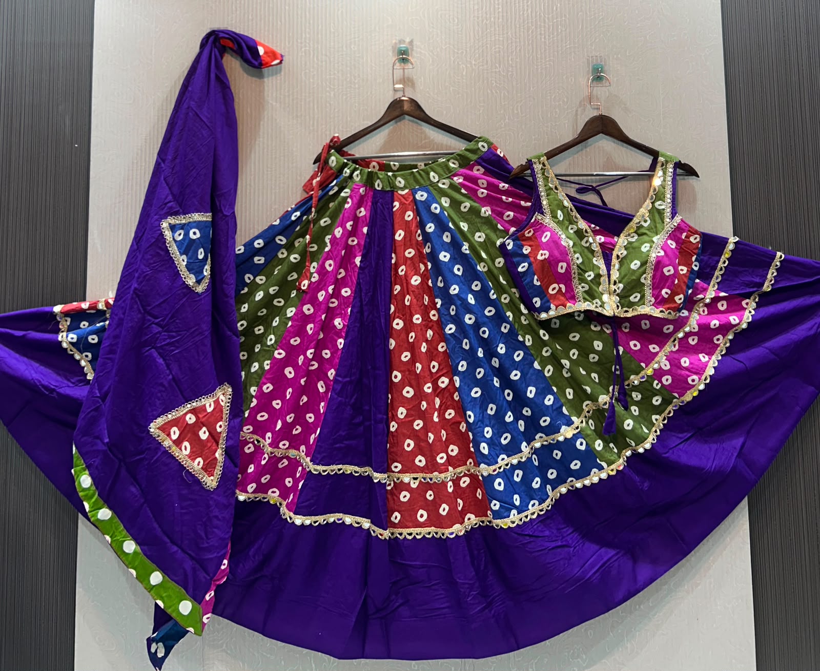 Cotton Multi Bandhni Polka Print With Mirror Lace Skirt - Image 6