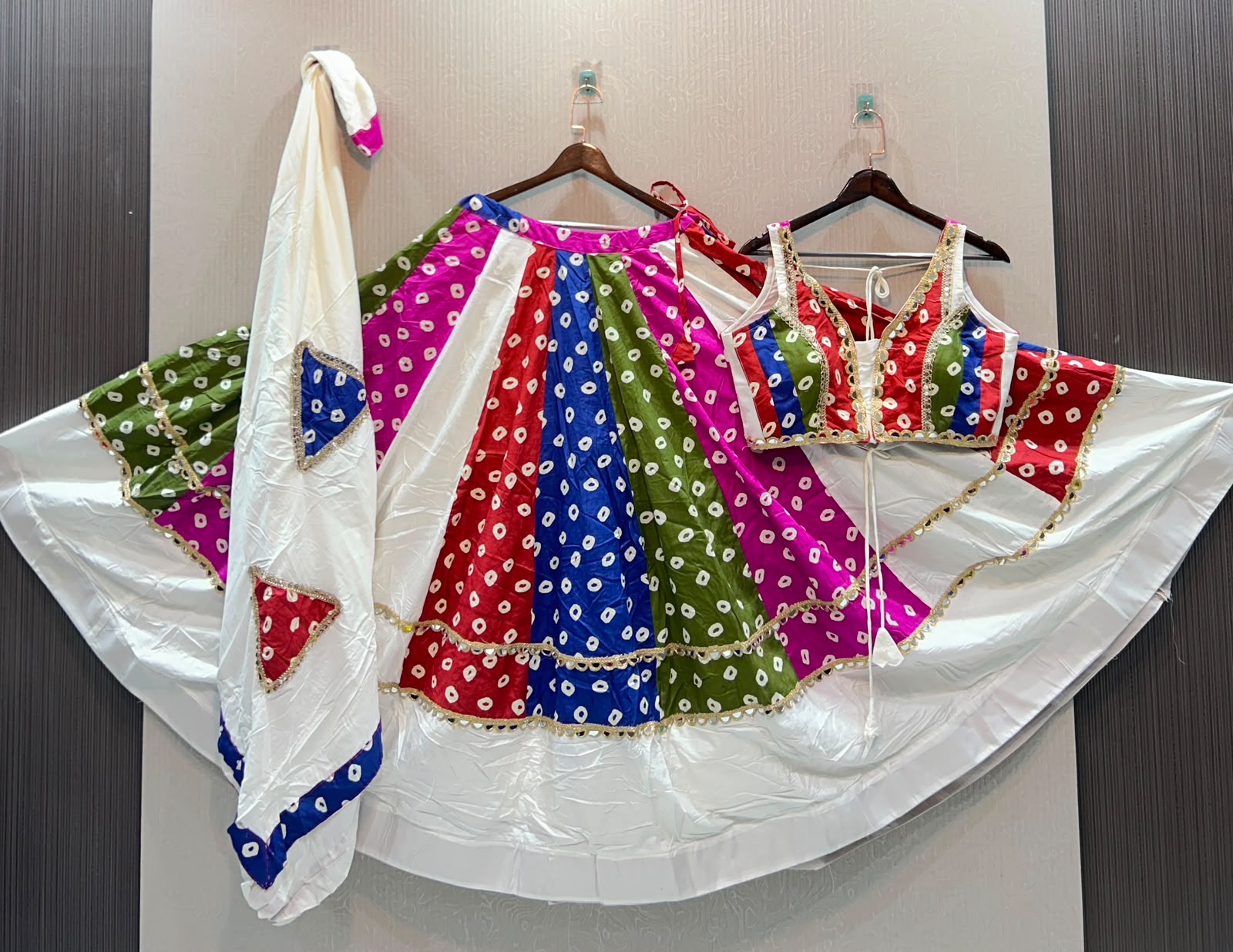 Cotton Multi Bandhni Polka Print With Mirror Lace Skirt - Image 5