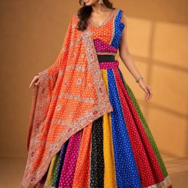 Chinon Multi Bandhej Print With Gota Lace Skirt