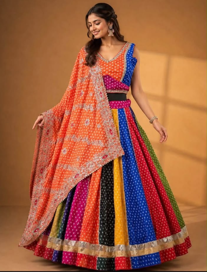 Chinon Multi Bandhej Print With Gota Lace Skirt - Image 2