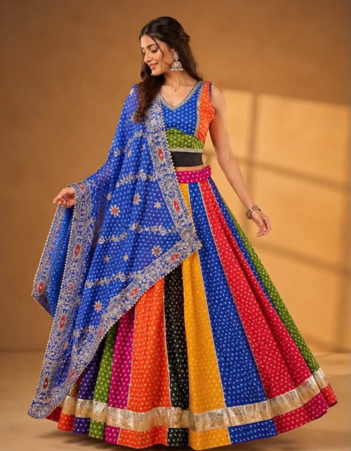 Chinon Multi Bandhej Print With Gota Lace Skirt - Image 3
