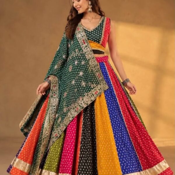 Chinon Multi Bandhej Print With Gota Lace Skirt
