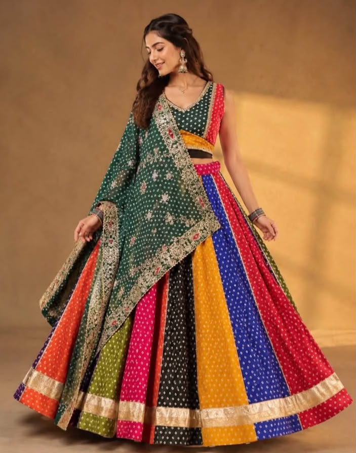 Chinon Multi Bandhej Print With Gota Lace Skirt