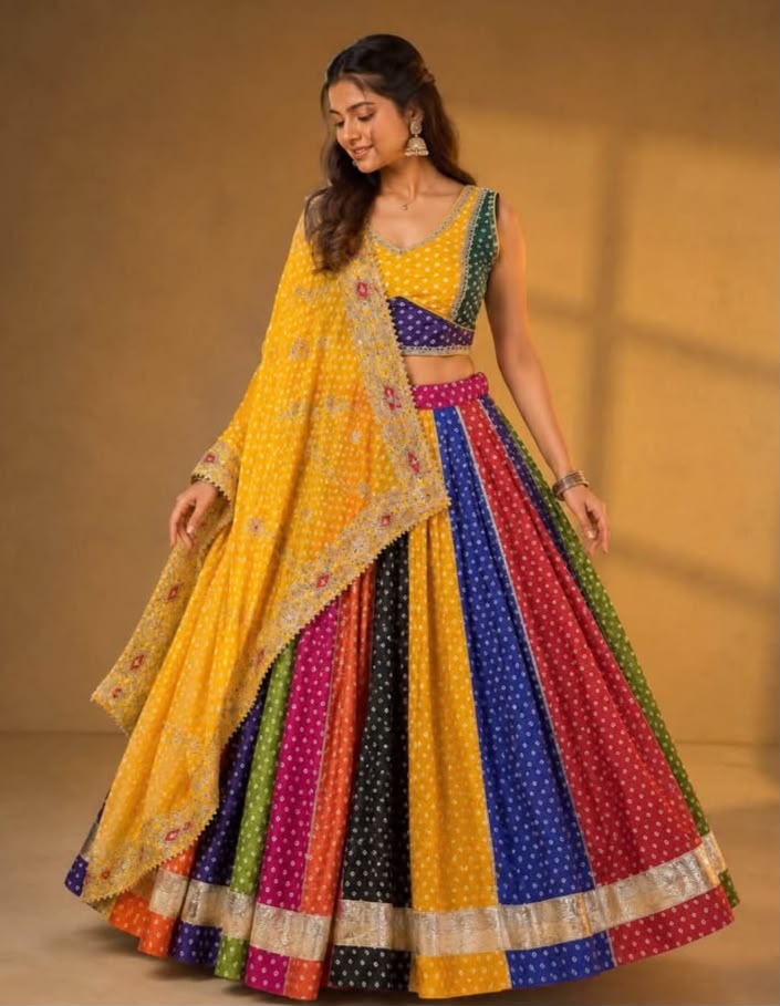 Chinon Multi Bandhej Print With Gota Lace Skirt - Image 5