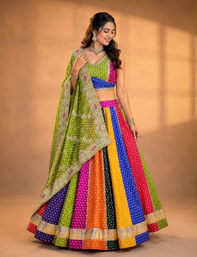 Chinon Multi Bandhej Print With Gota Lace Skirt - Image 6