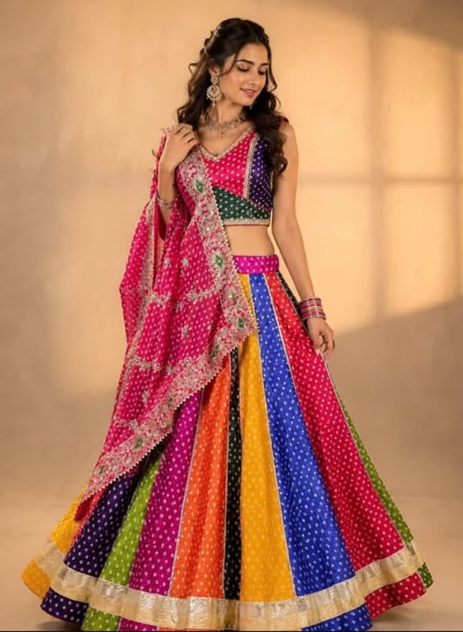 Chinon Multi Bandhej Print With Gota Lace Skirt - Image 4