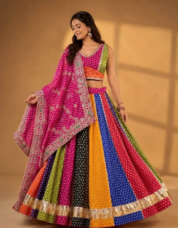 Chinon Multi Bandhej Print With Gota Lace Skirt - Image 8