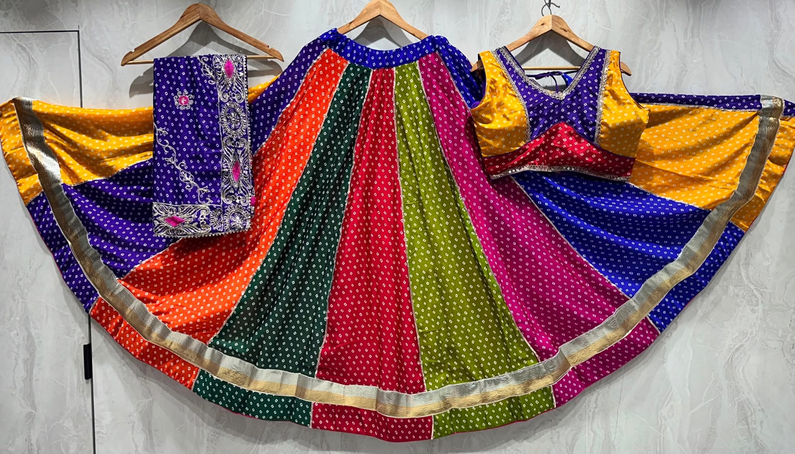 Chinon Multi Bandhej Print With Gota Lace Skirt - Image 9
