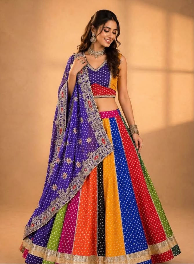 Chinon Multi Bandhej Print With Gota Lace Skirt - Image 7