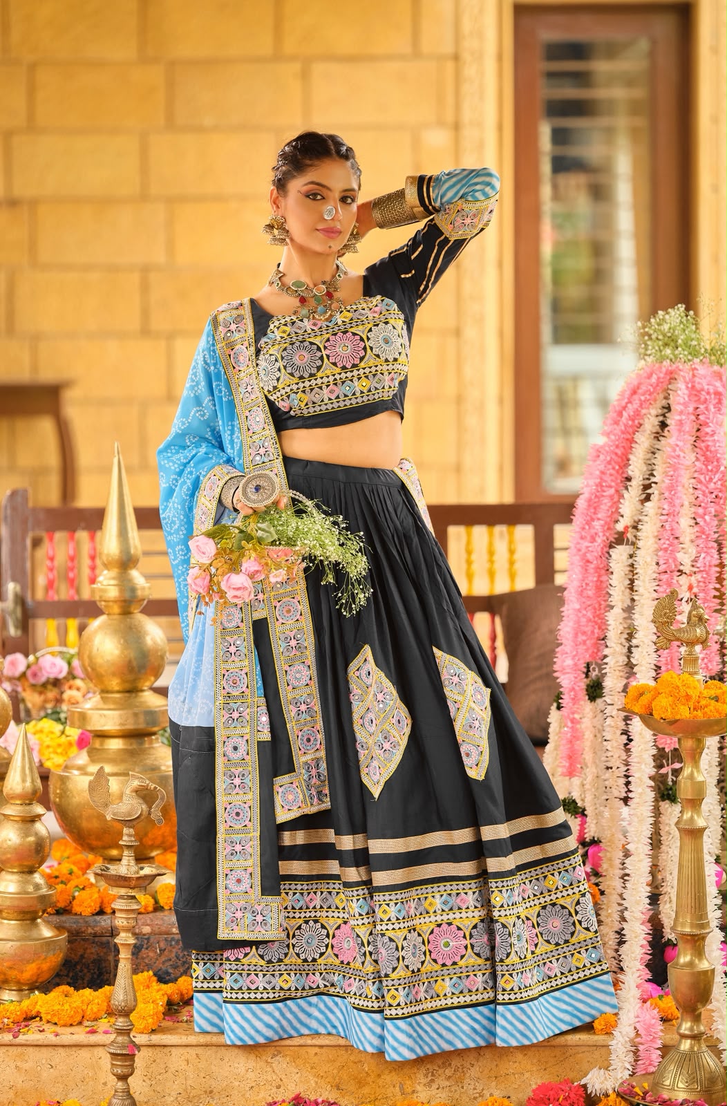 Sky Blue Rayon Lehenga with Embroidery Work - Image 3