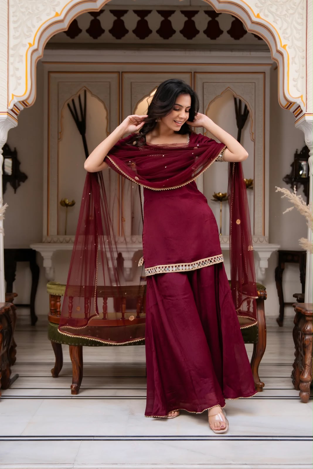 Blood Red Faux Georgette Suit Set - Image 3