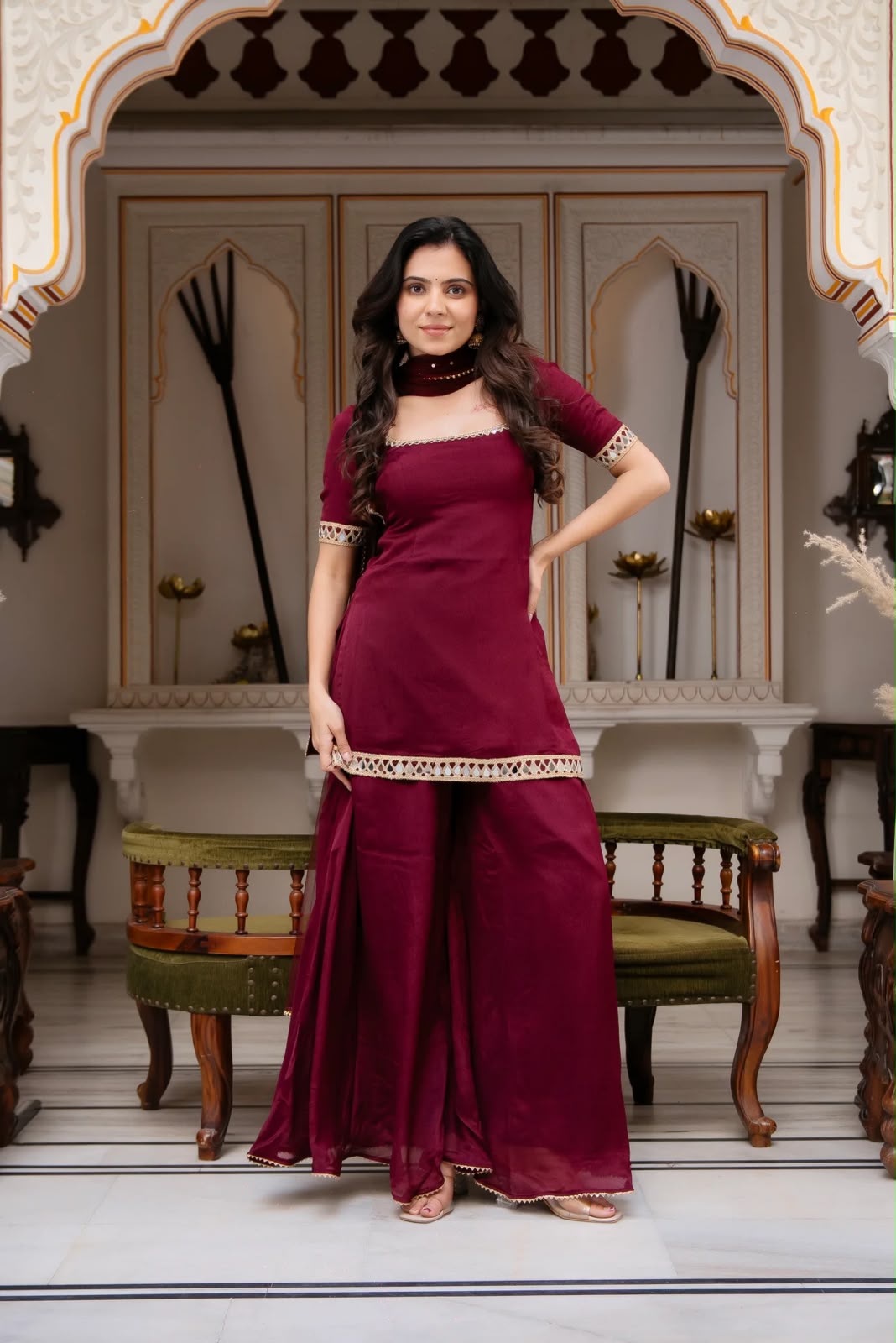 Blood Red Faux Georgette Suit Set - Image 2