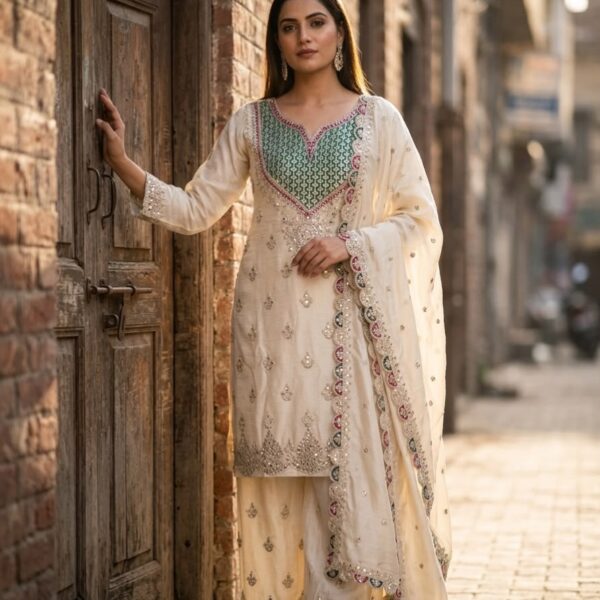 Chinon Silk Embroided Kurti Set with Work