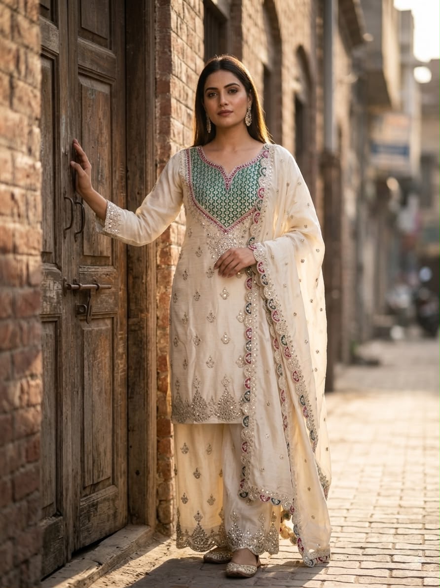 Chinon Silk Embroided Kurti Set with Work