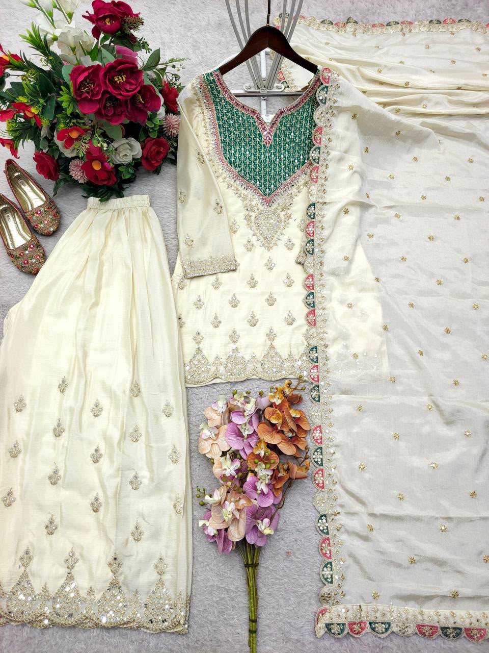 Chinon Silk Embroided Kurti Set with Work - Image 3