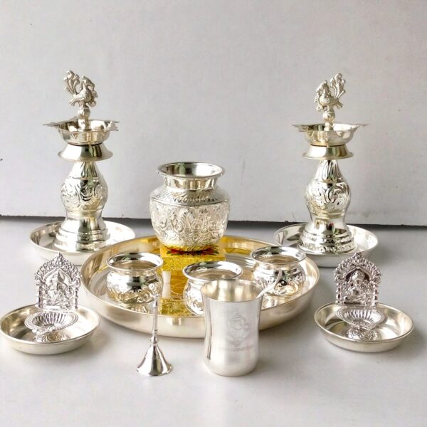 German silver pooja set with classic engraved plate