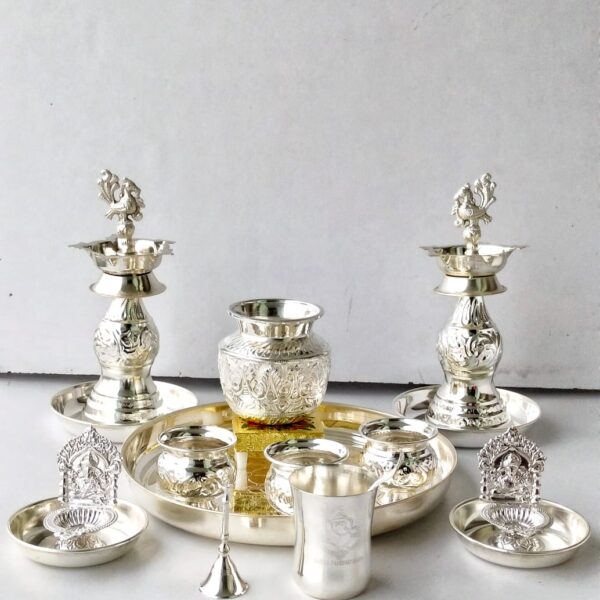 German silver pooja set with classic engraved plate