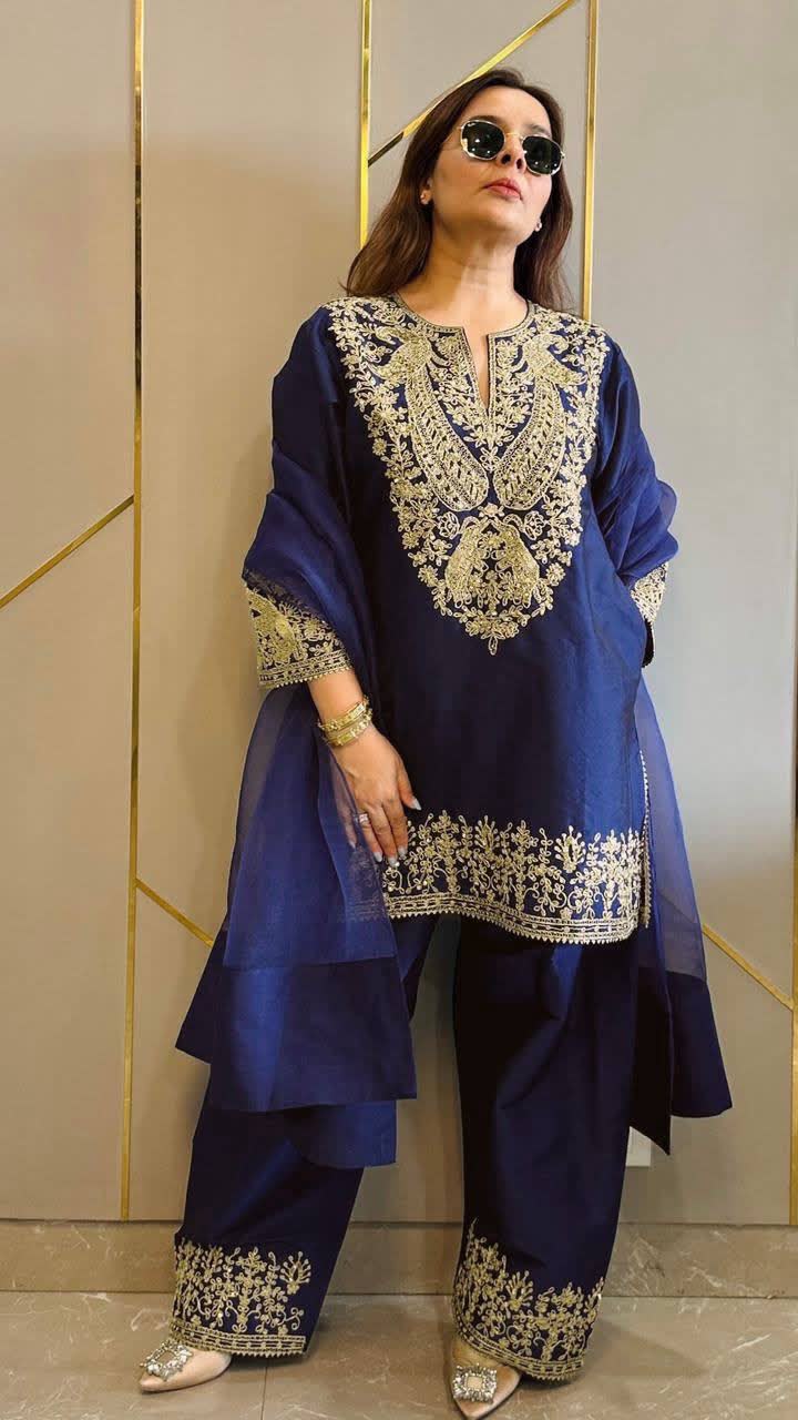 Chinon Silk Embroided Kurti and palazzo Set