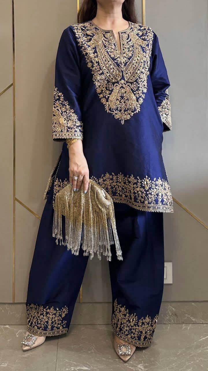 Chinon Silk Embroided Kurti and palazzo Set - Image 2