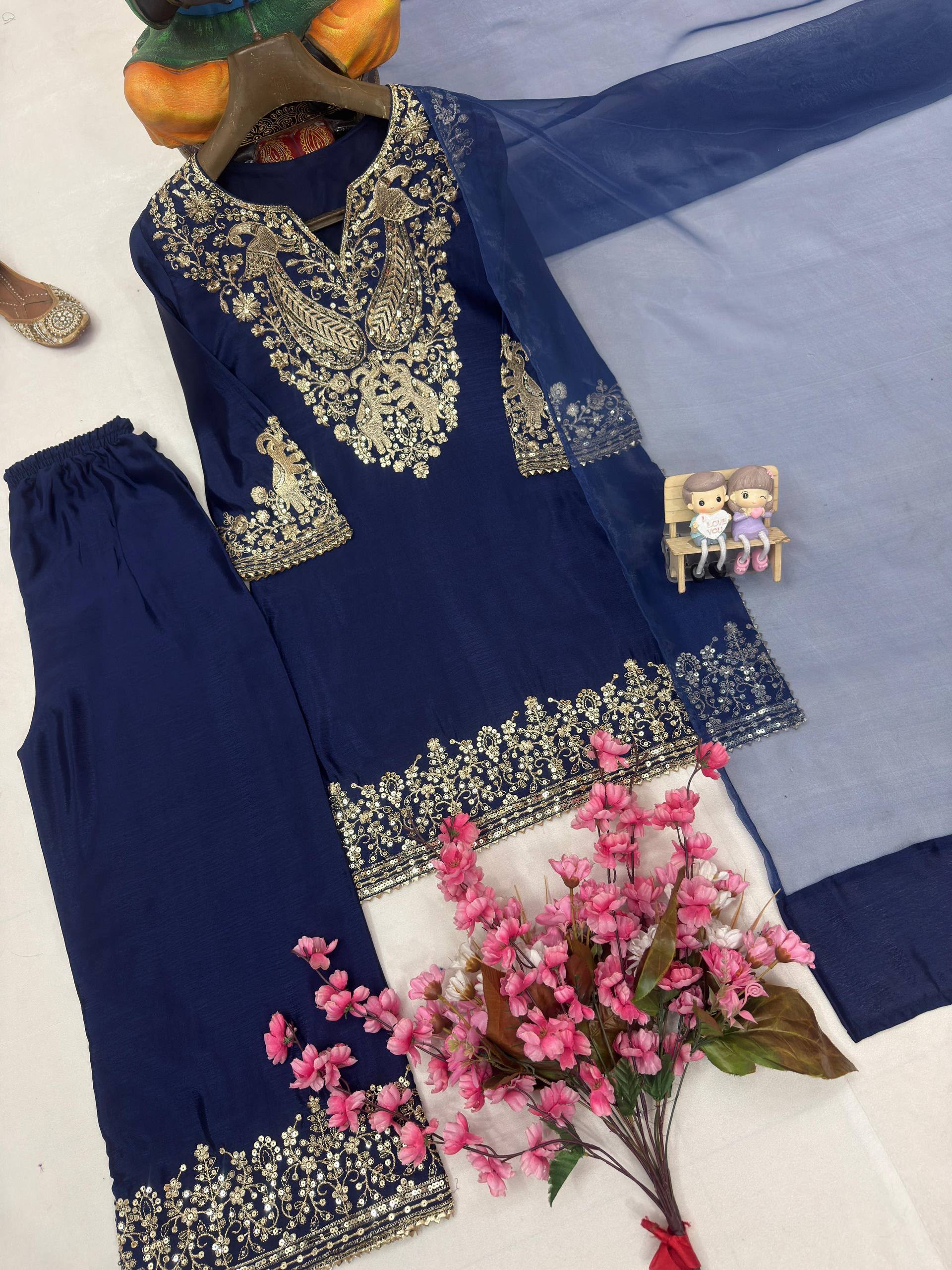 Chinon Silk Embroided Kurti and palazzo Set - Image 4