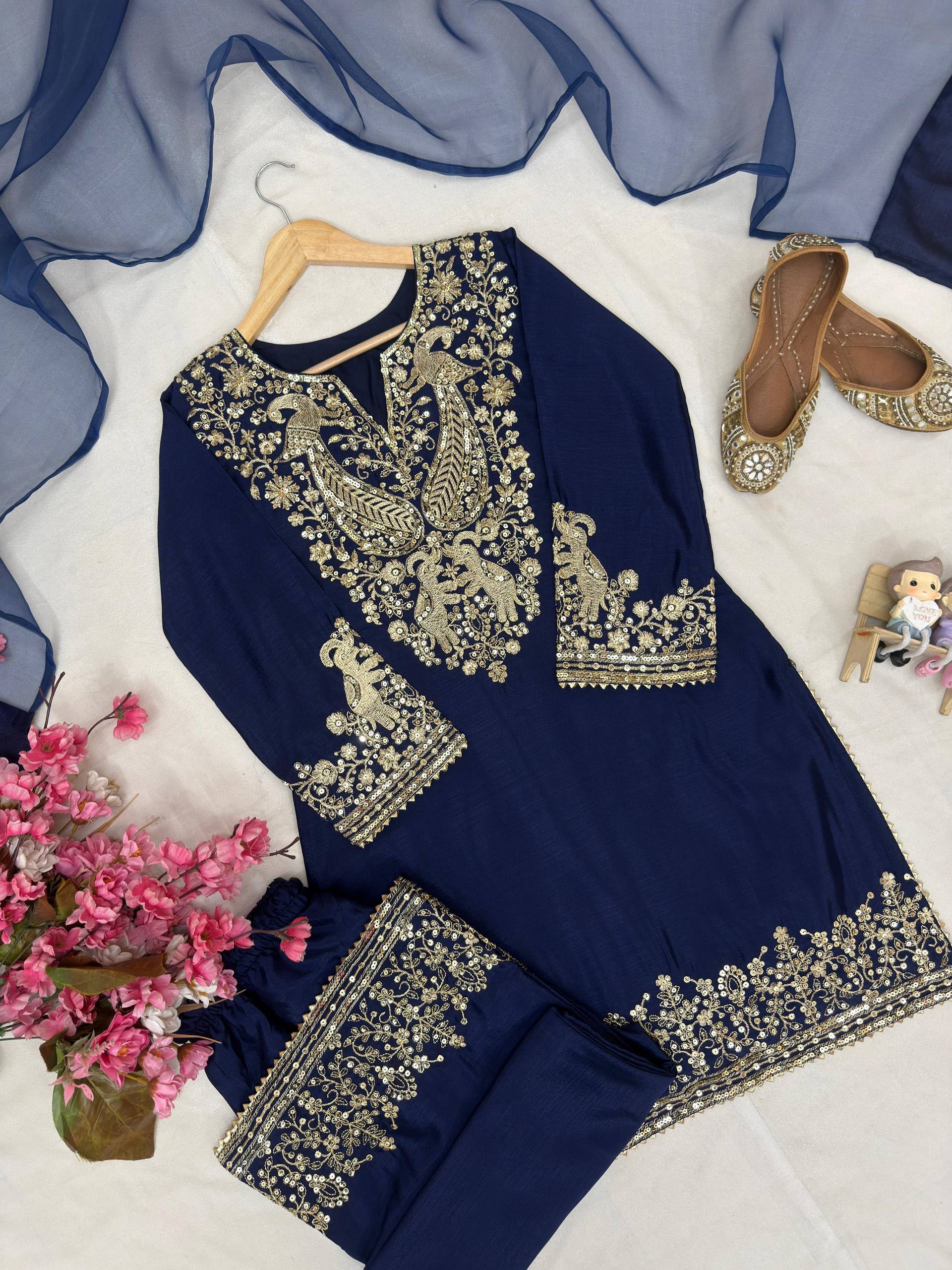 Chinon Silk Embroided Kurti and palazzo Set - Image 3
