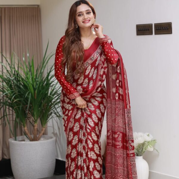 Red Satin Semi Gajji Silk Saree