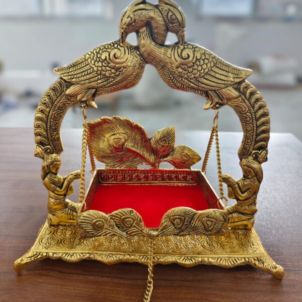 Metal antique German Silver & Brass Gold jhula with peacock and lady