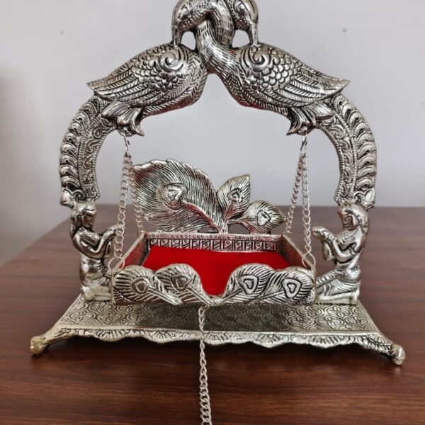 Metal antique German Silver & Brass Gold jhula with peacock and lady