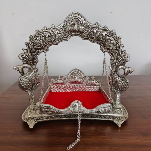 Metal antique German Silver jhula with peacock