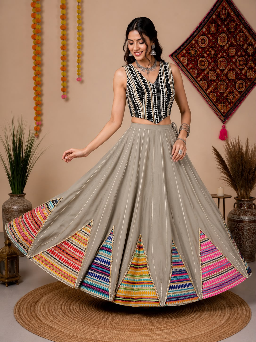 Roman Silk Fabric Skirt With Handloom Work Pyramid