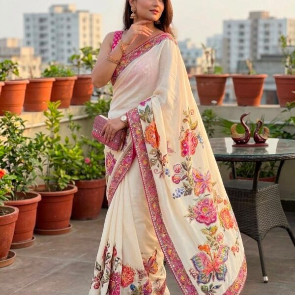 Soft Chinnon Silk Fabric with Butterfly and floral print