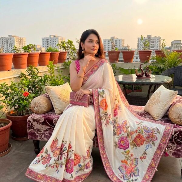 Soft Chinnon Silk Fabric with Butterfly and floral print