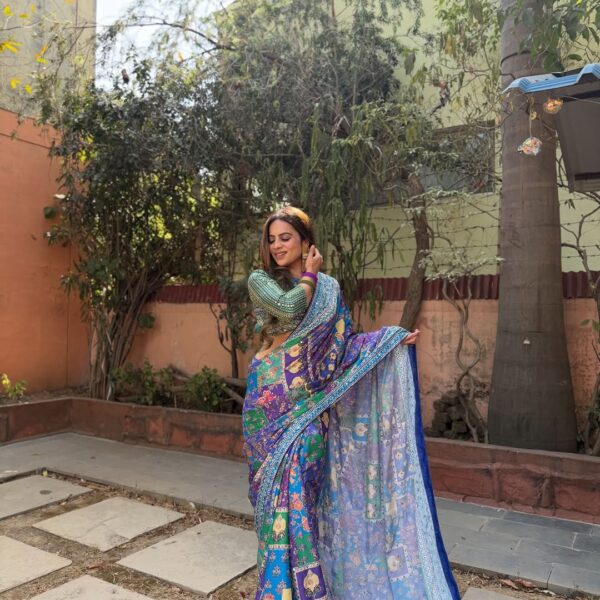 Premium chinon Saree with print with real mirror work