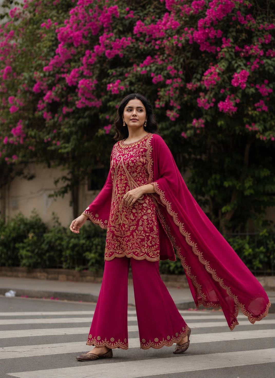 Vichitra Silk Embroidery Kurti and Palazzo - Image 2